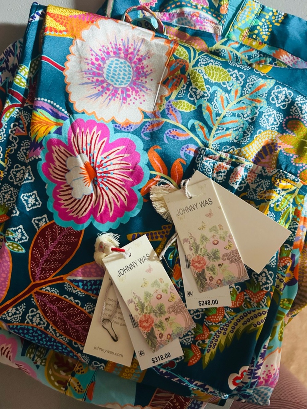 Johnny Was Teal Multicolor Floral Silk Pants with matching blouse.